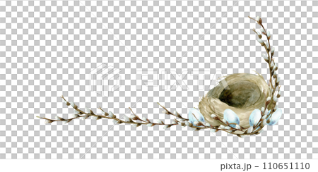 Watercolor spring Easter nest with willow branches arrangement. Hand drawn empty bird nest with blue eggs and floral decoration for cad, invitation, label ,packing template 110651110