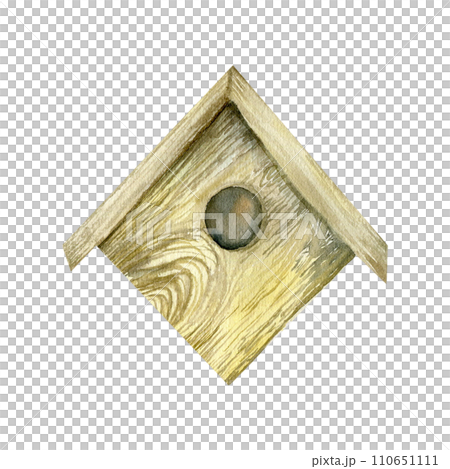 Watercolor birdhouse illustration. Hand drawn wooden birdhouse with roof and hole , nesting place. Spring, rustic, vintage design. Invitation, greeting card, textile design 110651111