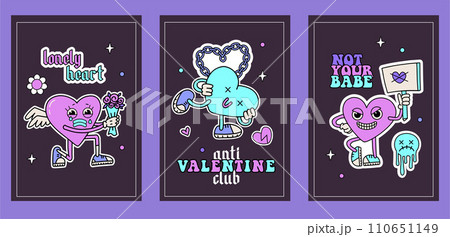 Anti valentine's day party a4 banners set. Groovy y2k retro cartoon cupid characters in hear shape. Contour hand drawn vector illustration. Anti Valentine club. 110651149
