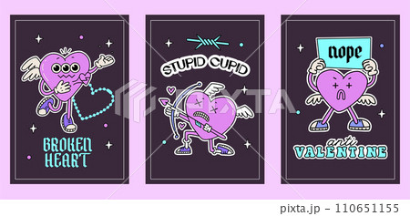 Groovy valentine's day greeting cards set with funny quotes and heart characters. Anti Valentines day a4 posters collection for t shirt design, textile print and gifts design. Vector illustration. 110651155