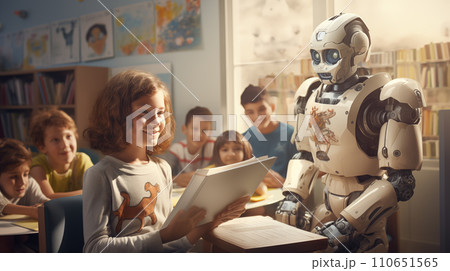 AI-generated content. A robotic educator interacts with a group of smiling children in a classroom setting 110651565