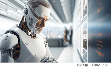AI-generated content. A highly advanced android with a contemplative expression analyzing digital data on interactive screens. 110651570