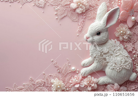 Easter bunny adorned with lace and pearls on pale pink background 110651656