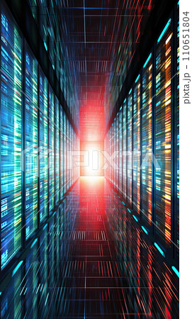 A corridor perspective view inside a futuristic data center with red and blue lights, depicting high-speed data transfer. Generative Ai. 110651804
