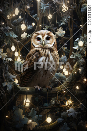Owl perched on a forest branch amidst glowing garlands. Generative Ai. 110651806