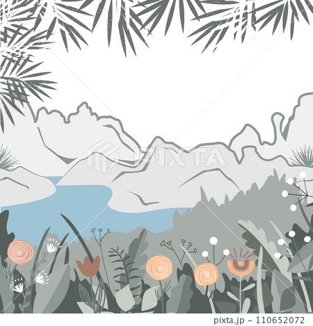 Cartoon flat panorama of spring or summer nature. Mountain landscape with flowers, and lake. Doodle vector illustration 110652072