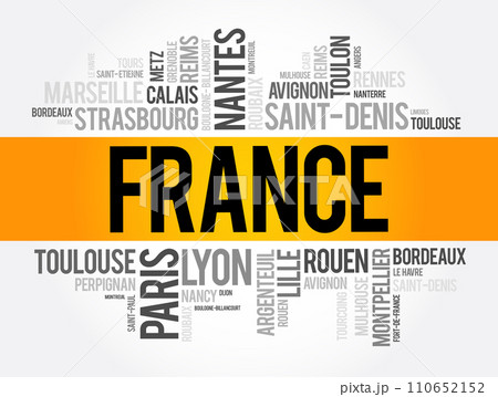 List of cities in France. Paris word cloud concept List of cities in France. Paris word cloud concept 110652152
