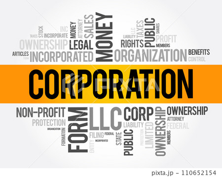 Corporation is a legal entity that is separate and distinct from its owners, word cloud business concept background 110652154
