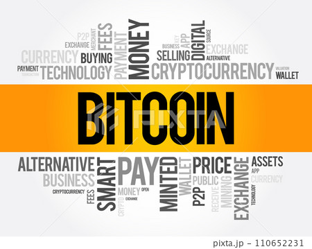 Bitcoin - decentralized digital currency, without a central bank or single administrator, word cloud concept background Bitcoin - decentralized digital currency, without a central bank or single administrator, word cloud concept background 110652231