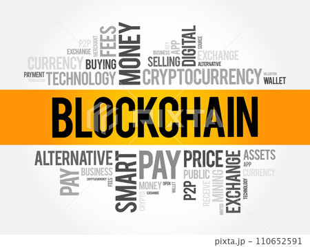 Blockchain cryptocurrency coin word cloud collage, business concept background 110652591
