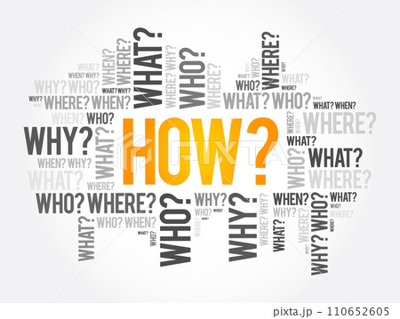 HOW? Question word and questions whose answers are considered basic in information gathering or problem solving, word cloud background 110652605