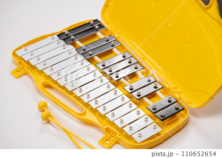Metallophone, metal xylophone, percussion musical instrument on a white background Metallophone, metal xylophone, percussion musical instrument on a white background 110652654