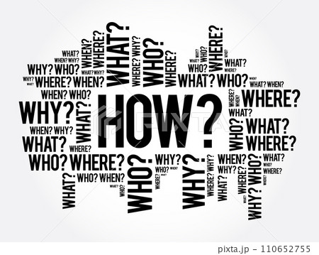 HOW? Question word and questions whose answers are considered basic in information gathering or problem solving, word cloud background 110652755