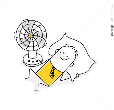 Stickman relaxing next to a fan. Stickman relaxing next to a fan. 110652859
