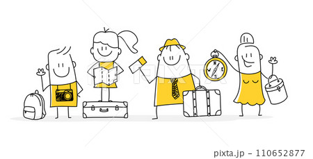 Travel stick figures with travel bag backpack and map, going on vacation trip. 110652877