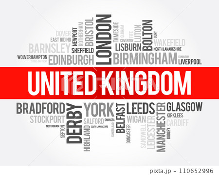List of cities and towns in the United Kingdom, word cloud collage, travel concept background 110652996