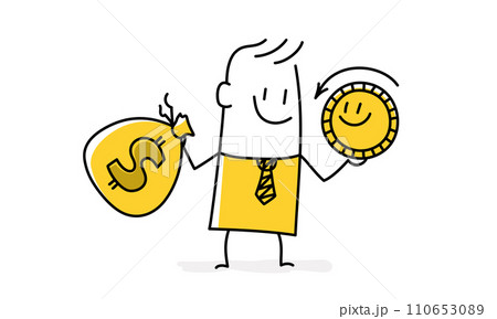 Stick figure holding bag of coins. 110653089