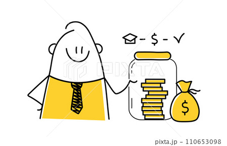 Businessman show glass jar with full of coins. Businessman show glass jar with full of coins. 110653098