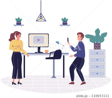 Office playing vector illustration. Balancing work and play in office c lead to greater job satisfaction and employee engagement Incorporating elements play into workplace c create more joyful 110653111