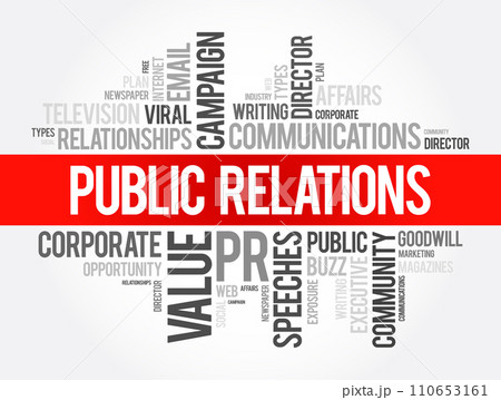 Public Relations - practice of managing and disseminating information from an individual or an organization to the public in order to influence their perception, word cloud background 110653161