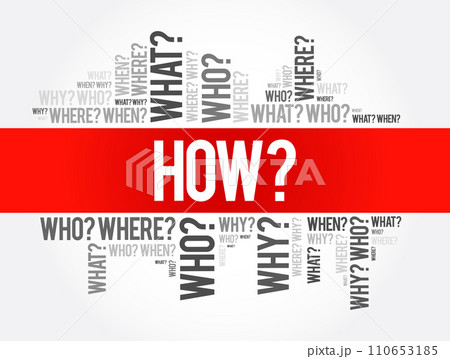 HOW? Question word and questions whose answers are considered basic in information gathering or problem solving, word cloud background 110653185