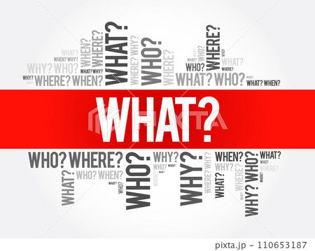 WHAT? Question and Questions whose answers are considered basic in information gathering or problem solving, word cloud background 110653187