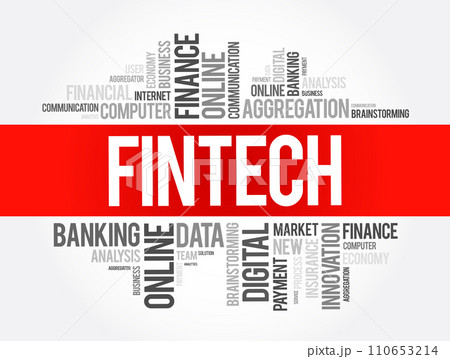 Fintech - technology and innovation that aims to compete with traditional financial methods in the delivery of financial services, word cloud concept background 110653214
