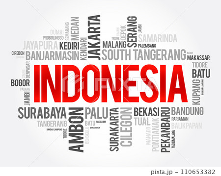 List of cities and towns in Indonesia, word cloud collage, business and travel concept background 110653382