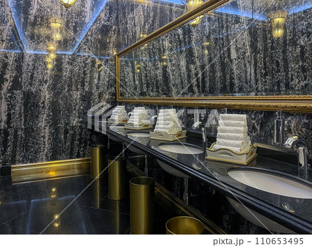 Elegant Bathroom Interior with Marble Finish and Gold Accents 110653495