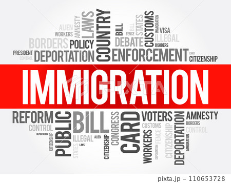 Immigration is the international movement of people to a destination country of which they are not natives, word cloud concept background Immigration is the international movement of people to a destination country of which they are not natives, word cloud concept background 110653728
