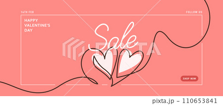 Happy valentines day, love vector background. Minimal romantic sale design with two hearts continuous one line, simple shape greeting text. Heart couple in modern line art style. Online shop template Happy valentines day, love vector background. Minimal romantic sale design with two hearts continuous one line, simple shape greeting text. Heart couple in modern line art style. Online shop template 110653841