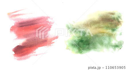 Hand-painted watercolor Illustration autumn red and leaf green spots and splashes. Perfect texture base, template for your creative design of label, card, banner, print. Isolated on white background. 110653905