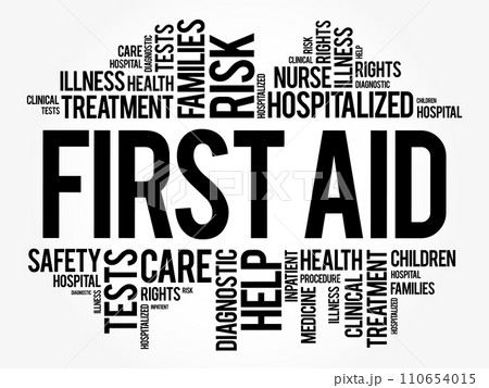 First Aid is the first and immediate assistance given to any person suffering from either a minor or serious illness or injury, word cloud concept with marker 110654015