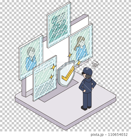 Isometric illustration of a criminal who is unable to steal information on a computer because a watermark is displayed 110654032