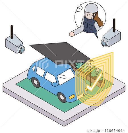 自動車の安全を遠隔で見守る女性警備員のアイソメイラスト 自動車の安全を遠隔で見守る女性警備員のアイソメイラスト 110654044