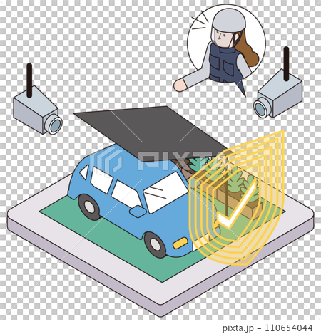 自動車の安全を遠隔で見守る女性警備員のアイソメイラスト 自動車の安全を遠隔で見守る女性警備員のアイソメイラスト 110654044