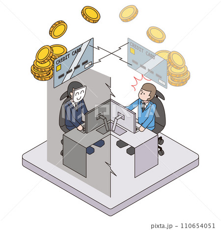 会社内のコンピュータをスキミングされてクレジットカード情報を盗まれているアイソメイラスト 110654051