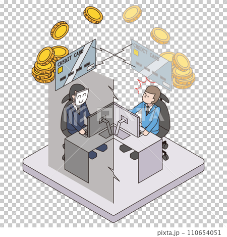 会社内のコンピュータをスキミングされてクレジットカード情報を盗まれているアイソメイラスト 110654051