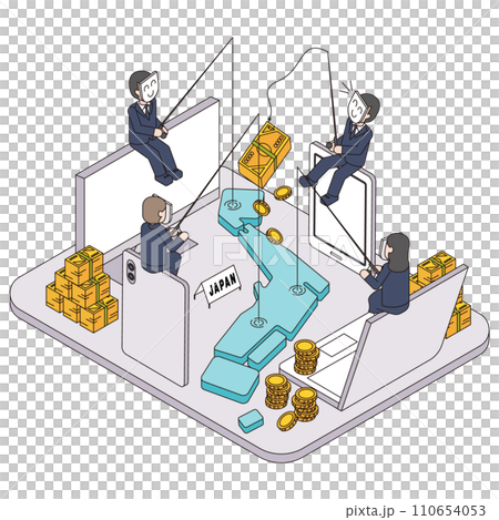 Isometric illustration of a criminal stealing money from abroad in Japan Isometric illustration of a criminal stealing money from abroad in Japan 110654053
