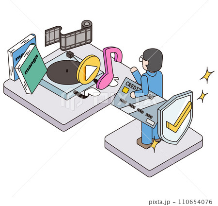 セキュリティが頑丈なので安全にサブスクを利用している男性のアイソメイラスト セキュリティが頑丈なので安全にサブスクを利用している男性のアイソメイラスト 110654076