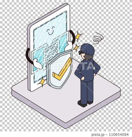 Isometric illustration of a criminal who is unable to steal smartphone information because a watermark is displayed 110654084