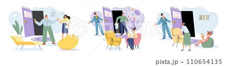 House for sale. Vector illustration The property with mortgage required buyer to maintain regular payments People looking for home attended open houses and viewed property listings Buying new home House for sale. Vector illustration The property with mortgage required buyer to maintain regular payments People looking for home attended open houses and viewed property listings Buying new home 110654135