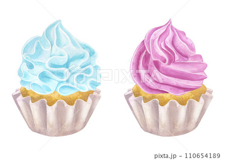 Cupcake muffin pink blue cream. Gender reveal party, baby shower. Sweet food clipart. Hand drawn watercolor illustration isolated on white background. For cafe menu pastry shop 110654189