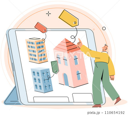 House for sale. Vector illustration People looking for home explored different neighborhoods and their amenities Buying new home required considering commute and proximity to essential services House for sale. Vector illustration People looking for home explored different neighborhoods and their amenities Buying new home required considering commute and proximity to essential services 110654192