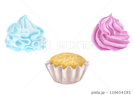 Cupcake muffin pink blue cream. Gender reveal party, baby shower. Sweet food clipart. Hand drawn watercolor illustration isolated on white background. For cafe menu pastry shop 110654193
