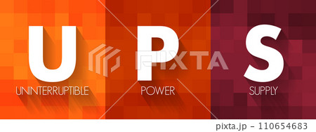 UPS - Uninterruptible Power Supply is an electrical apparatus that provides emergency power to a load when the input power source or mains power fails, acronym text concept background 110654683