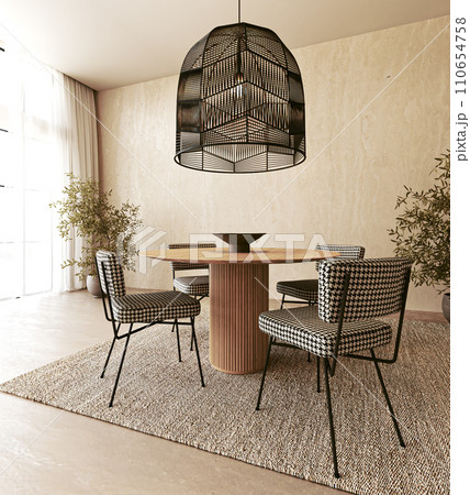 Modern dining room with stylish houndstooth chairs and large black pendant light over wooden table Modern dining room with stylish houndstooth chairs and large black pendant light over wooden table 110654758