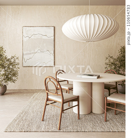 Chic dining area with a white sculptural pendant light, wooden table, and bentwood chairs against a textured wall 110654783