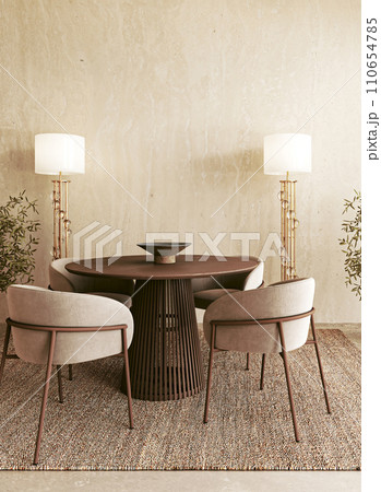 Contemporary lounge with taupe chairs, a dark wooden round table, and golden floor lamps on a textured carpet 110654785
