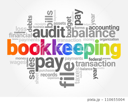 Bookkeeping is the recording of financial transactions, and is part of the process of accounting in business, word cloud concept background Bookkeeping is the recording of financial transactions, and is part of the process of accounting in business, word cloud concept background 110655004